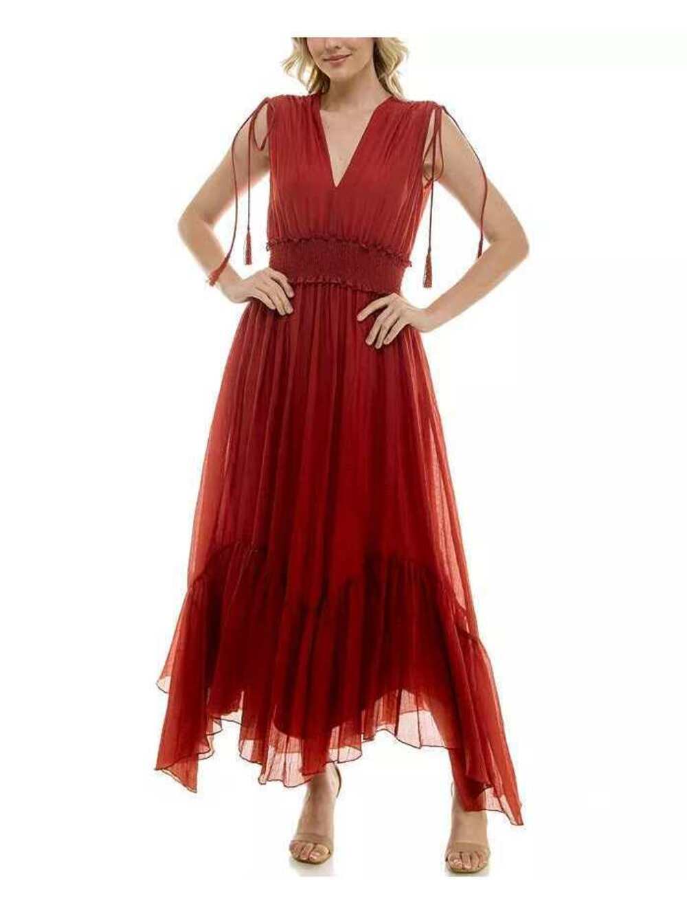 Taylor Amber Rust Lyocell Smocked Waist Handkerchief Hem Maxi Dress Size L Boho